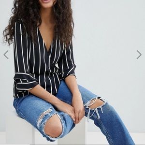 ASOS Bershka Wrap Stripe Tie Front Blouse